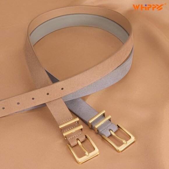 Women Suede Belt Tan Gold Buckle Casual Waist Accessory for Jeans Pants main image 4
